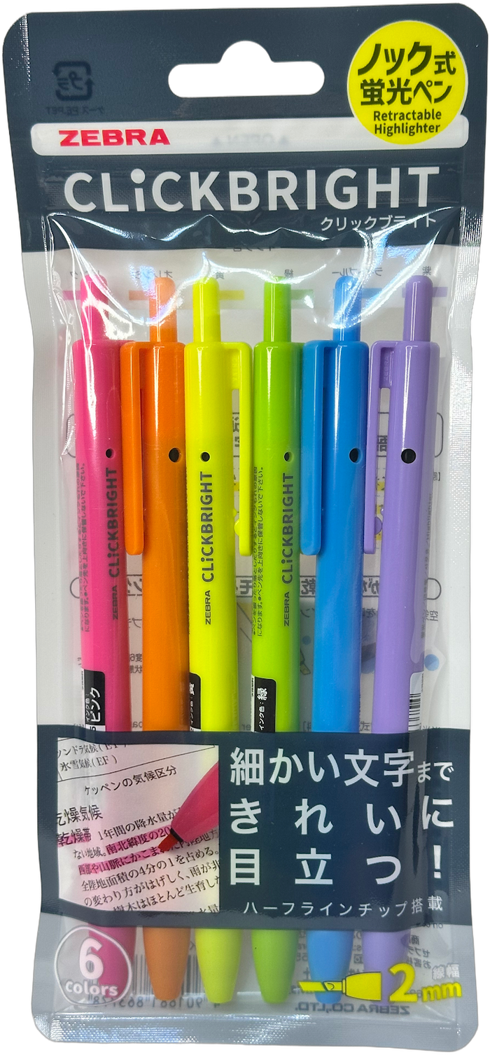Zebra Clickbright Retractable Highlighter Set - 6 Colours