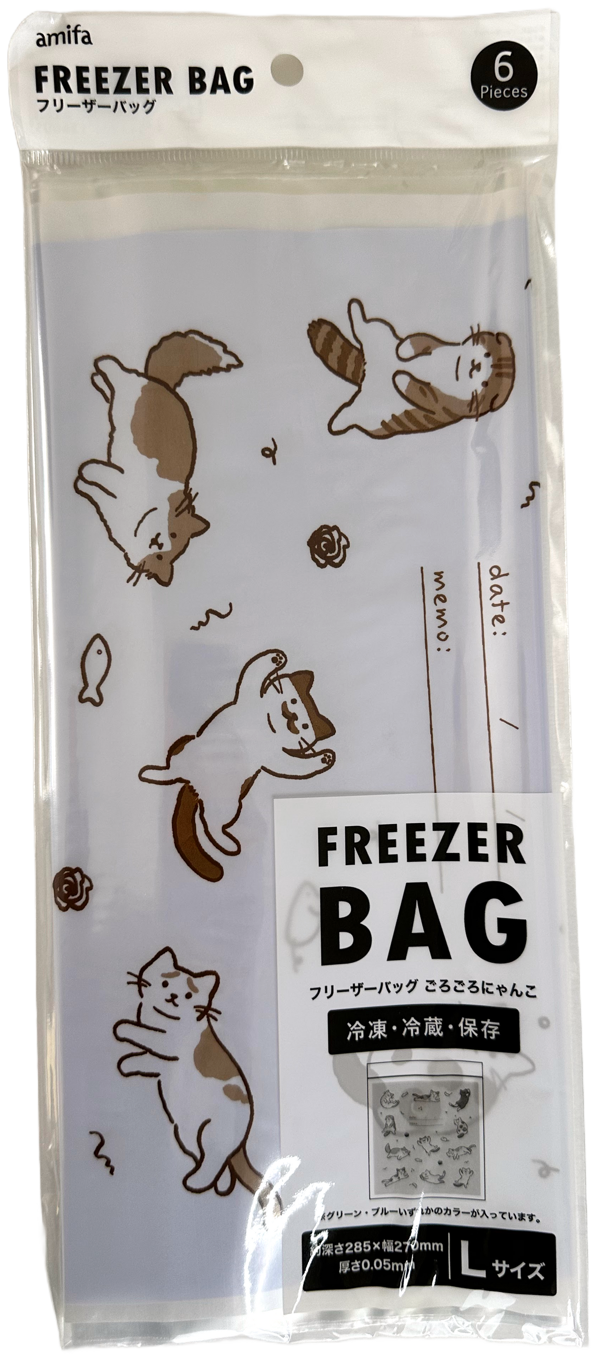 Amifa Kawaii Neko Cat L Zipper Freezer Bags (6-Pack)