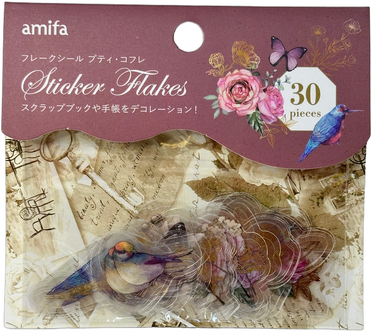 Amifa Clear Sticker Flakes Retro Birds and Stamps (30)