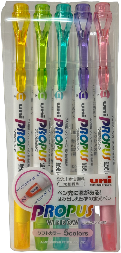 Uni Double-ended Propus Window Highlighter Set — 5 Colours